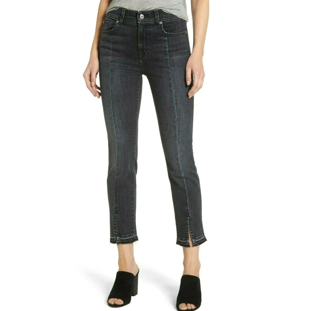 7 For All Mankind Jeans 26 Split Hem Skinny Ankle Vintage Noir Raw Black Gray